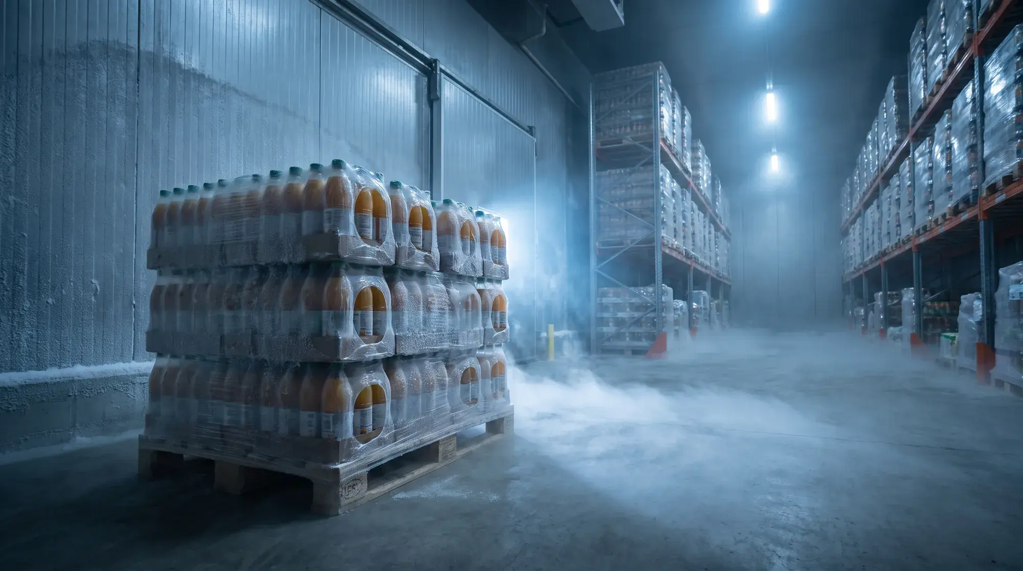 Pallets of bottled juice in cold storage, chill fog across the floor