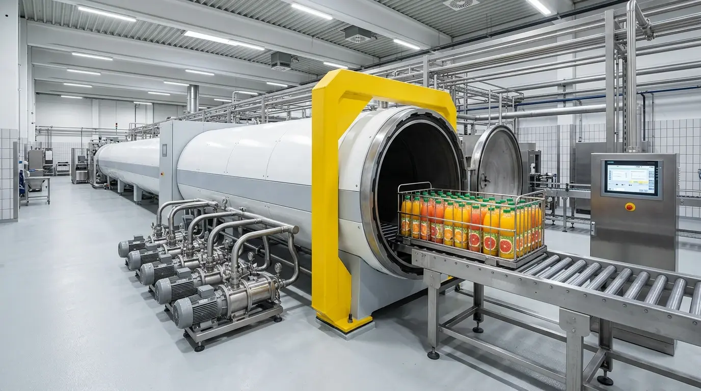 A polished stainless steel high-pressure processing vessel in a cold beverage facility