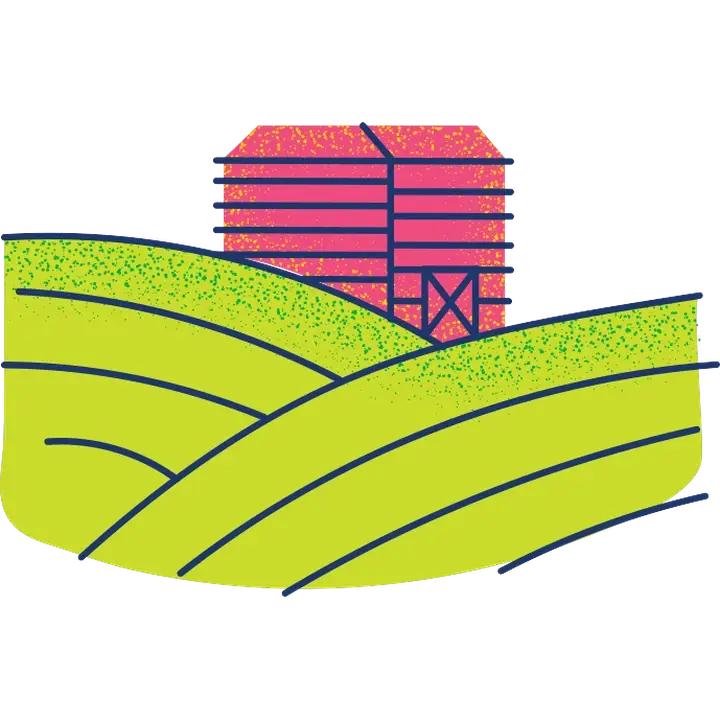 Illustration of an Arté partner farm, fruit fields beside a red barn