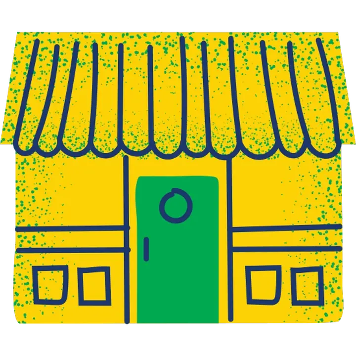 Illustration of a hospitality venue storefront with a striped awning