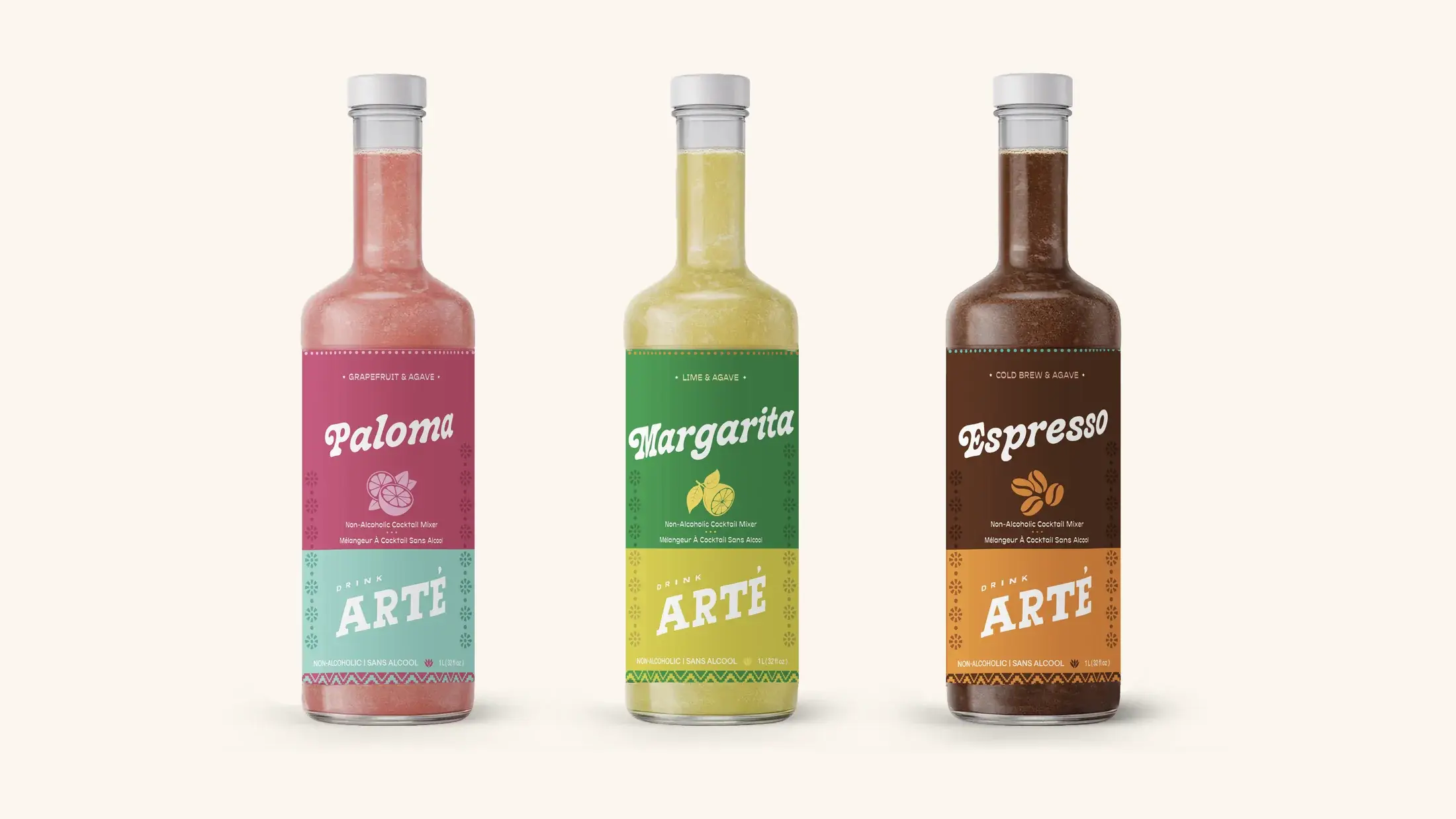 The three Arté mixers, Paloma, Margarita and Espresso, in glass bottles