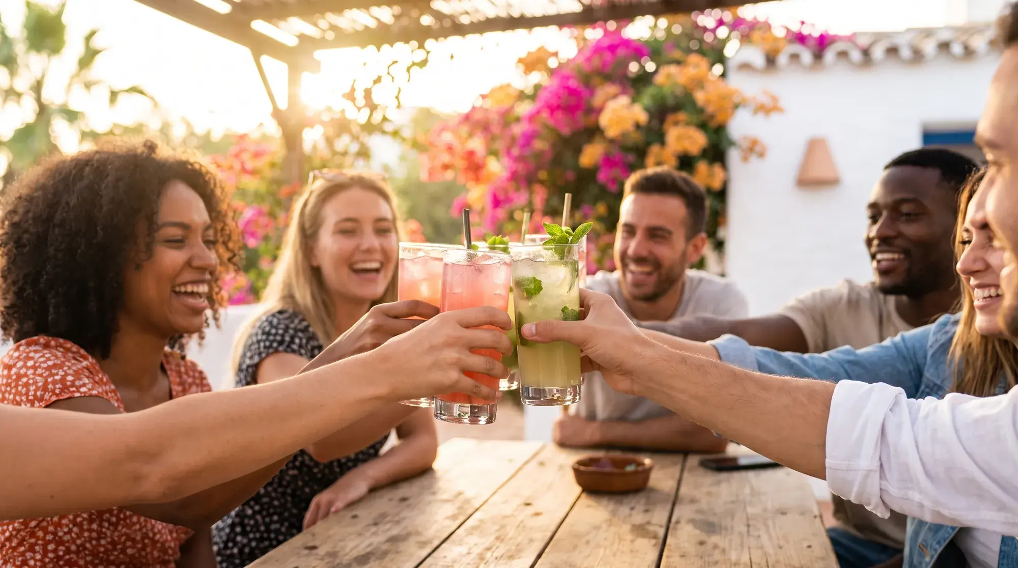 Friends toasting bright cocktails on a sunlit terrace