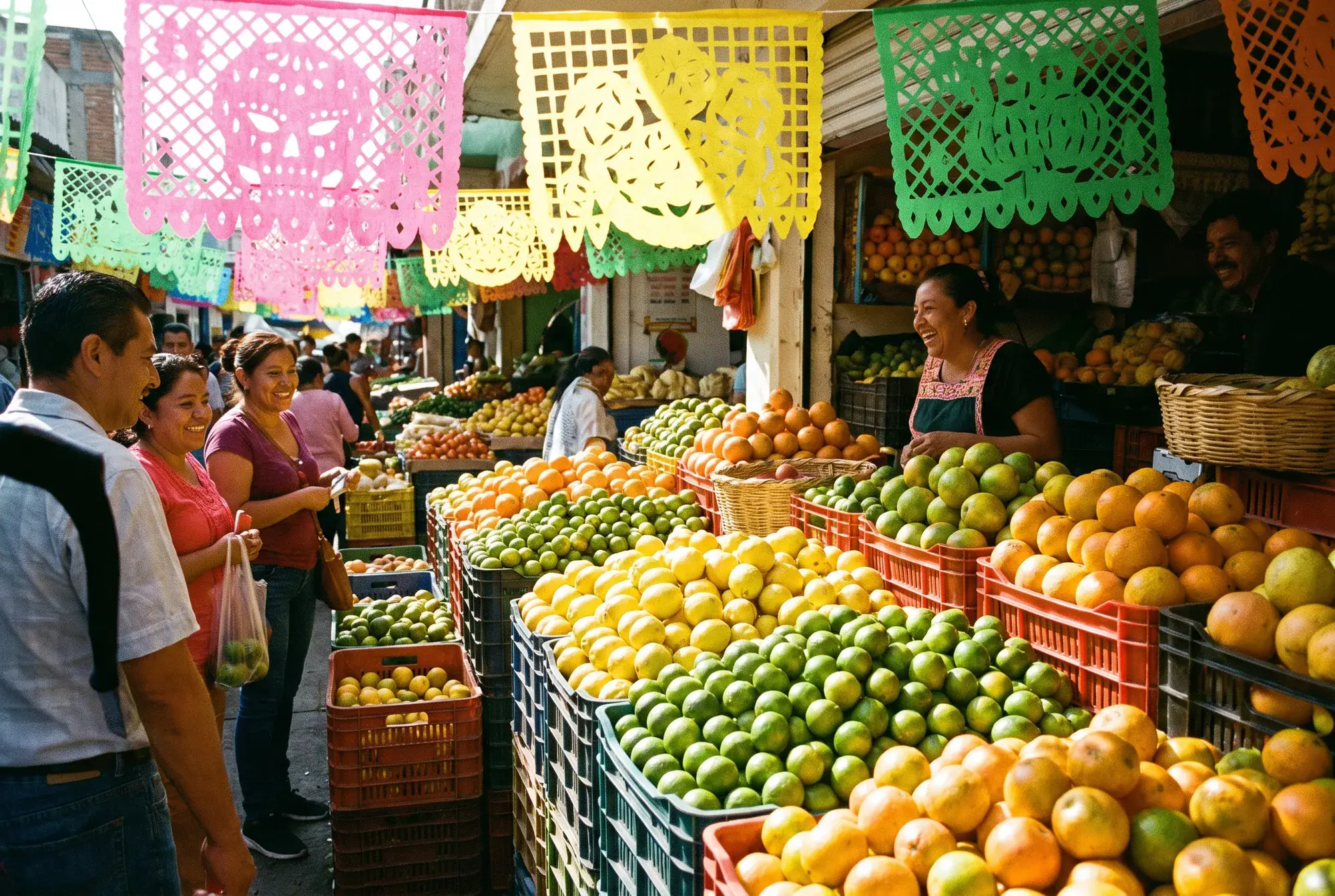 A sunlit Mexican market citrus stall under papel picado bunting